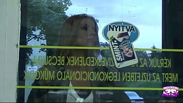 A horny blonde in jeans pays for groceries in the supermarket with a blowjob